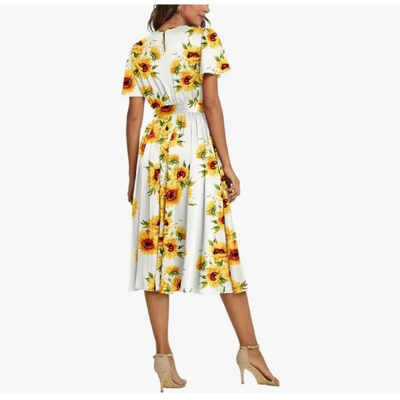 PLUS SIZE NILOUFO Womens Ruffle Sleeves Belted Elastic Waist Pleated Long Dress - Picture 3 of 5